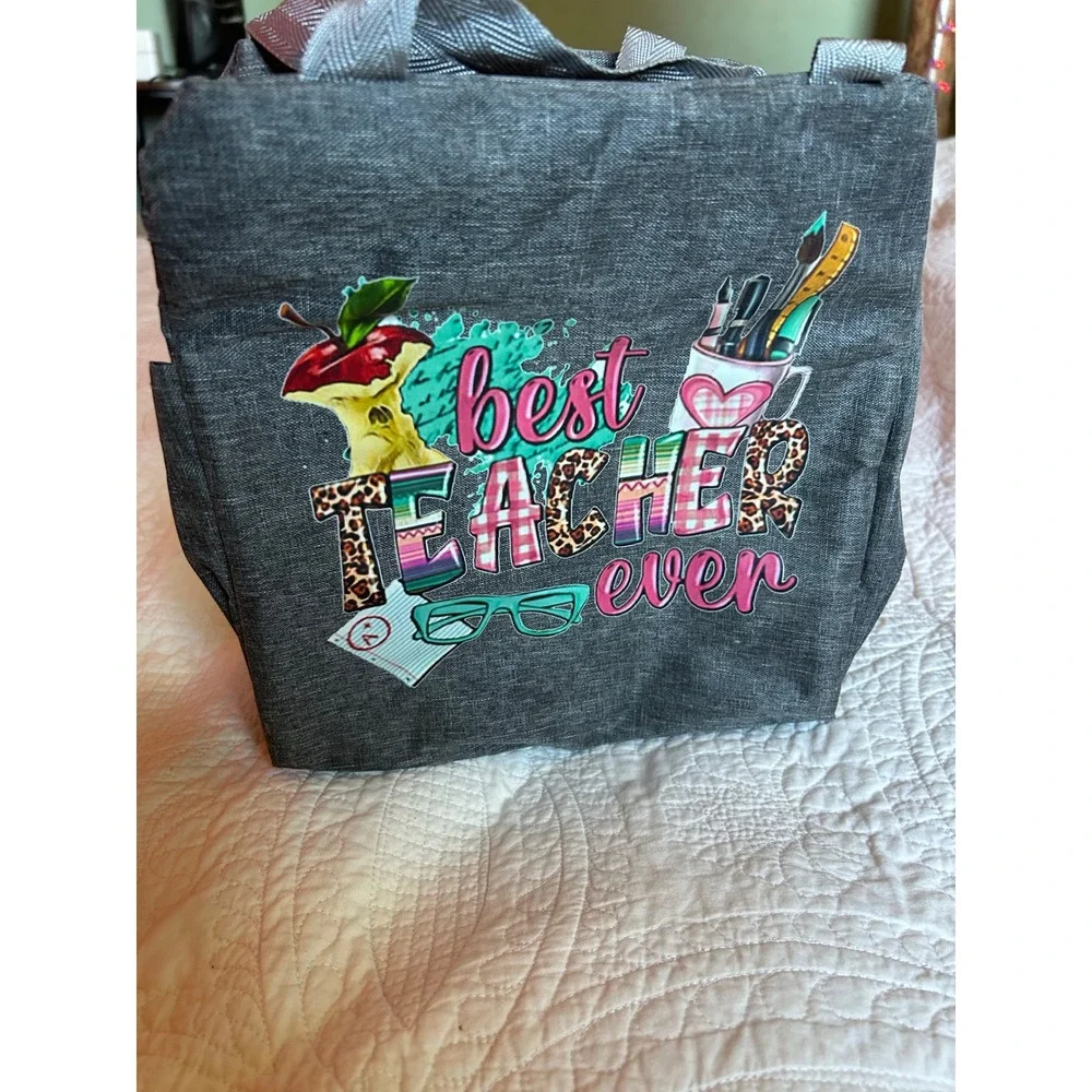 Brivilas Best Teacher Ever Insulated‎ Lunch Bag Gray Heathered Graphic Tote